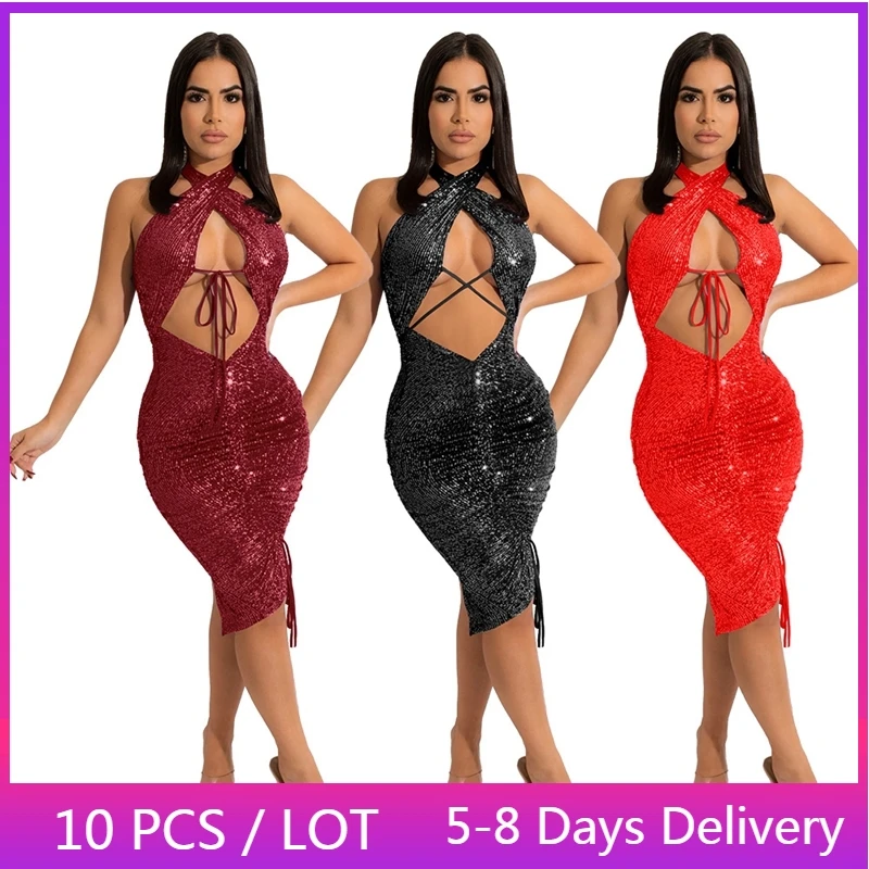 Wholesale Items Sexy Sequin Party Dress Women Clothing Backless Bandage Bodycon Dress Club Drawstring Solid Glitter Midi Dress
Wholesale Items Sexy Sequin Party Dress Women Clothing Backless Bandage Bodycon Dress Club Drawstring Solid Glitter Midi Dress