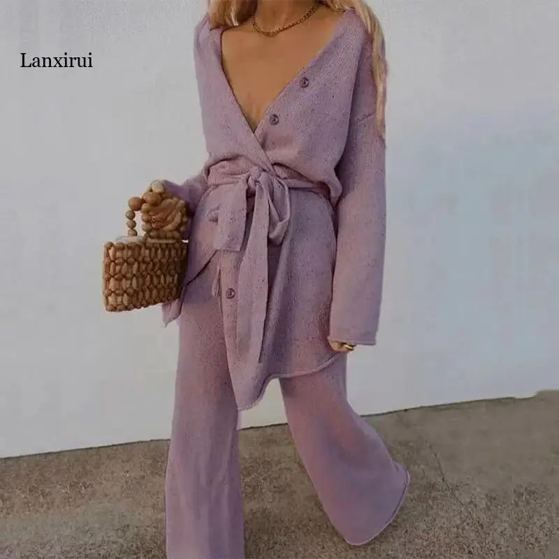 Autumn Winter Women Two Piece Set Casual Long Sleeve Lace-up Button Cardigan Coat And Wide Leg Pants Suit Fashion Solid Outfits 
Autumn Winter Women Two Piece Set Casual Long Sleeve Lace-up Button Cardigan Coat And Wide Leg Pants Suit Fashion Solid Outfits