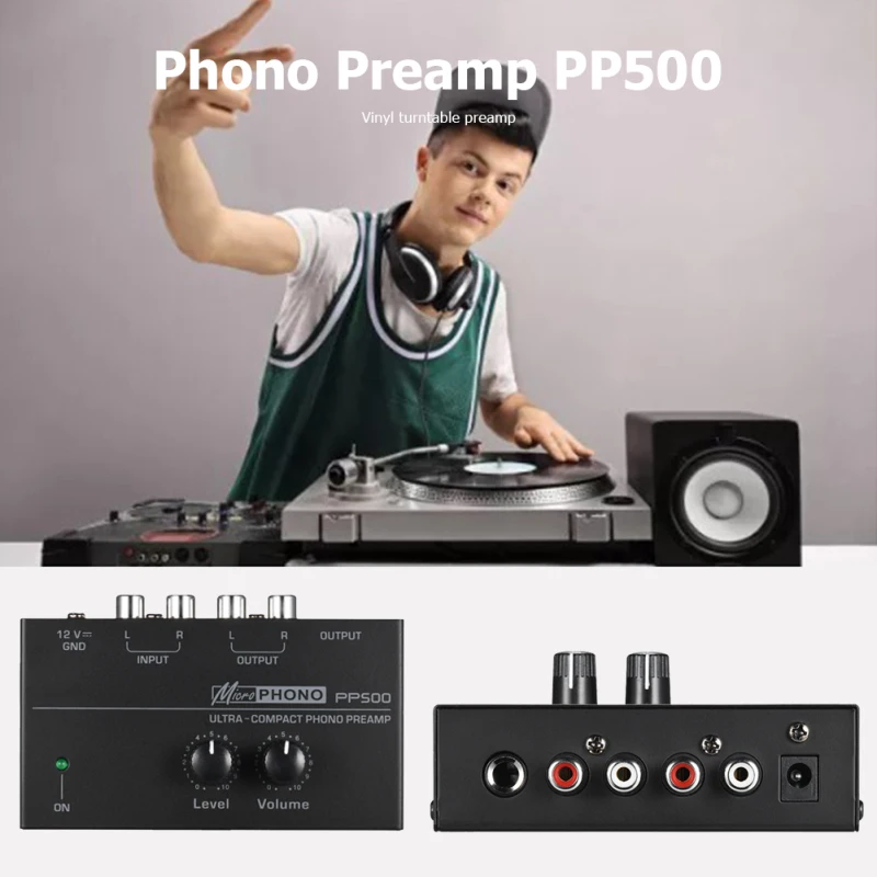 

PP500 Phono Preamp Preamplifier With Level Volume Control For LP Vinyl Turntable RCA Input Output 1/4" TRS Output Interfaces