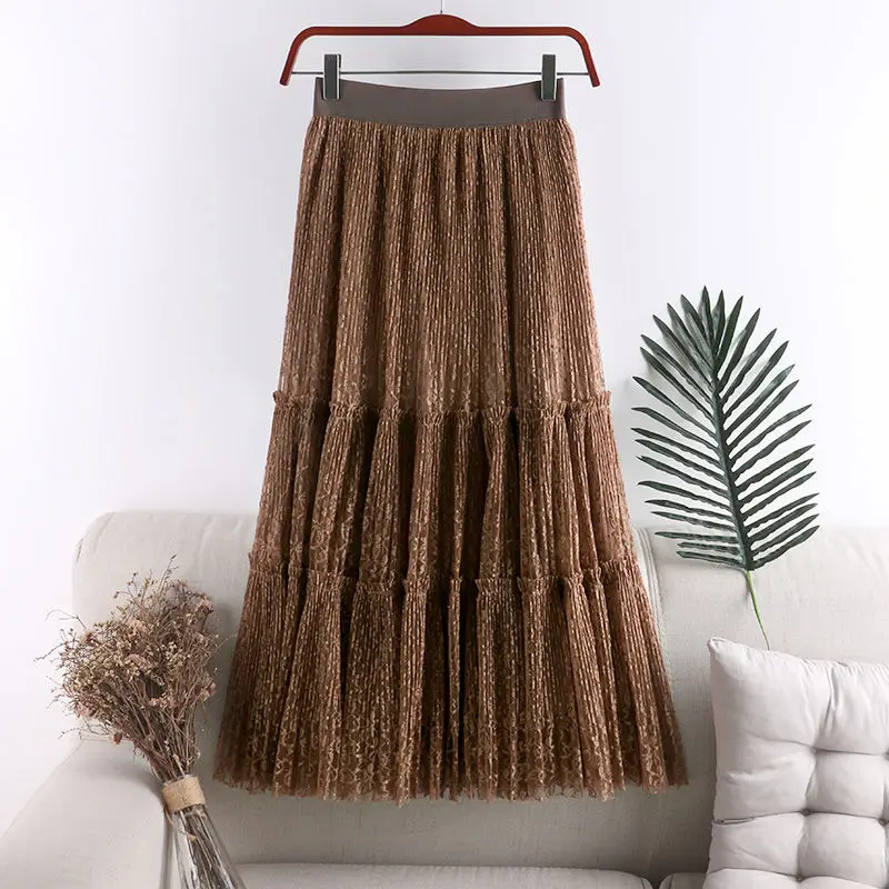 Mesh lace skirt women's mid length 2020 spring and summer new high waist thin foreign style cake A-line fairy skirt 
Mesh lace skirt women's mid length 2020 spring and summer new high waist thin foreign style cake A-line fairy skirt