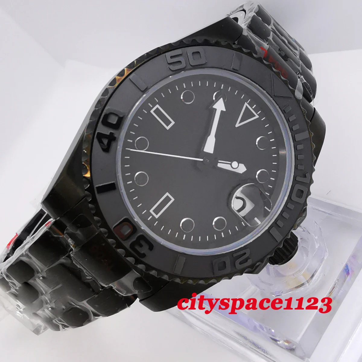 

40mm Sterile Black Dial Luminous PVD Coated Brushed Case Ceramic Bezel Sapphire Glass NH35 Date Automatic Mens Watch