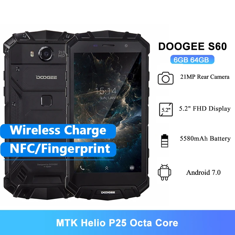 DOOGEE S60 смартфон с 5 дюймовым дисплеем восьмиядерным процессором MTK Helio P25 ОЗУ 6 ГБ