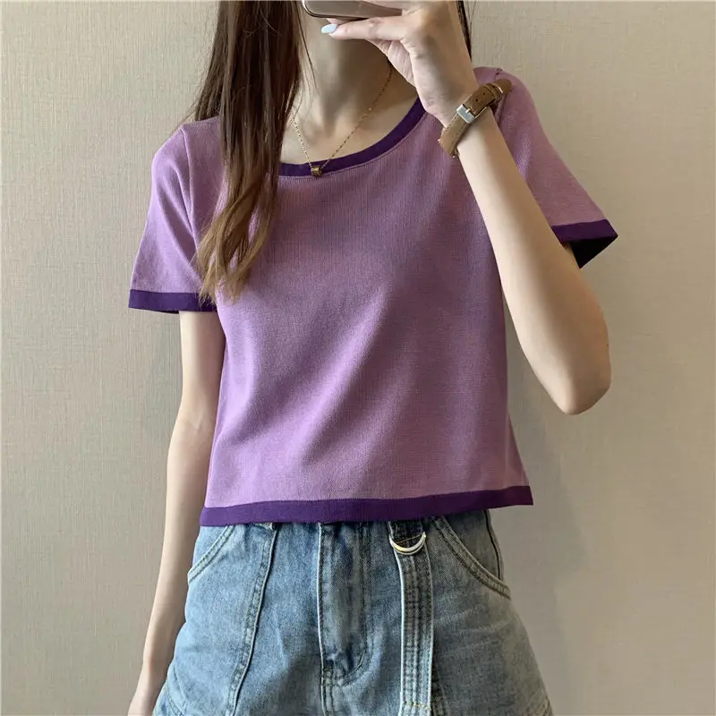 Summer Female Clothes Casual Tops Elastic Knitted Pullover Round Neck Korean Sweet Purple Short-sleeve Crop Top Women X169
Summer Female Clothes Casual Tops Elastic Knitted Pullover Round Neck Korean Sweet Purple Short-sleeve Crop Top Women X169