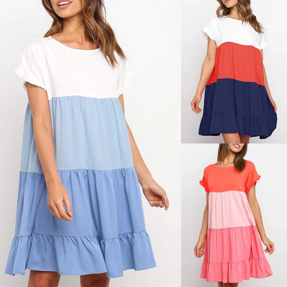 Women Contrast Color Stitching Dress Ruffled Large Hem Mini Dress Summer Short Sleeve Patchwork Casual O-Neck Striped Dress D30
Women Contrast Color Stitching Dress Ruffled Large Hem Mini Dress Summer Short Sleeve Patchwork Casual O-Neck Striped Dress D30
