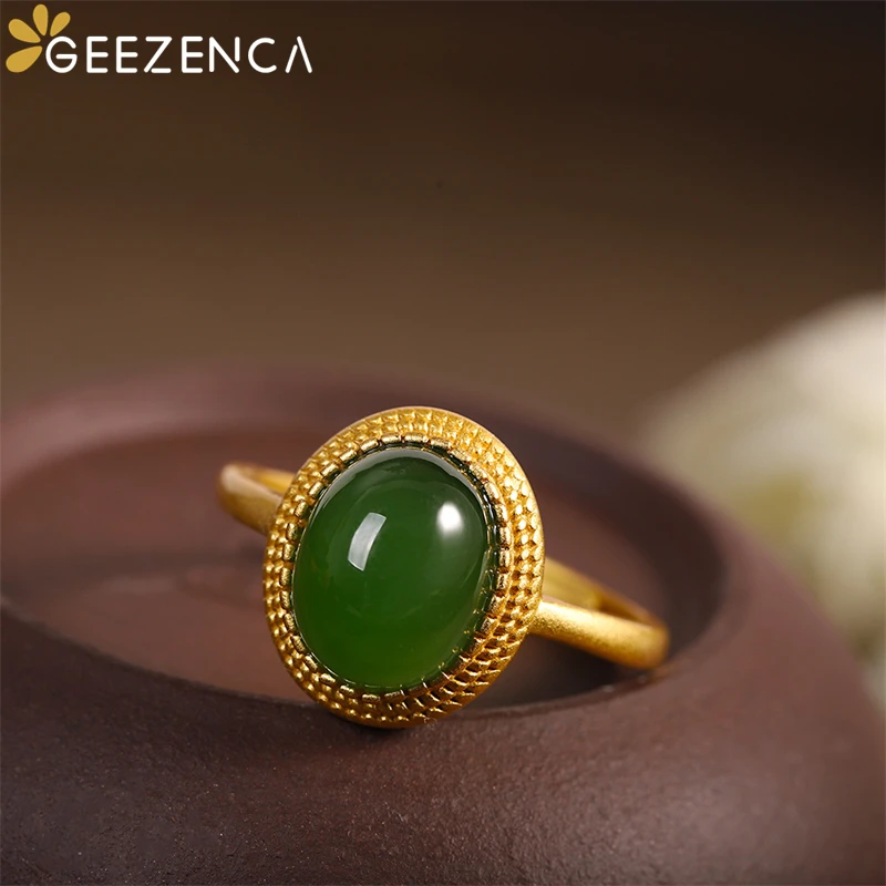 GEEZENCA 925 Sterling Silver Gold Plated Hetian Jasper Open Ring For Women Oval Green Jade Classic Trendy Rings Fine Jewelry
GEEZENCA 925 Sterling Silver Gold Plated Hetian Jasper Open Ring For Women Oval Green Jade Classic Trendy Rings Fine Jewelry