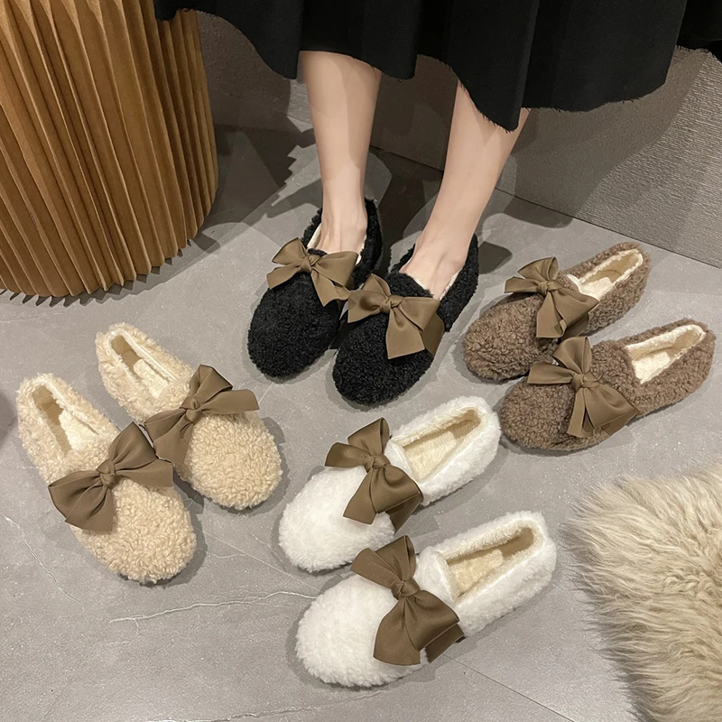 

Boat Shoe Casual Female Sneakers Women Modis Round Toe Clogs Platform Autumn Bow-Knot Loafers Fur 2021 Moccasin Creepers Winter