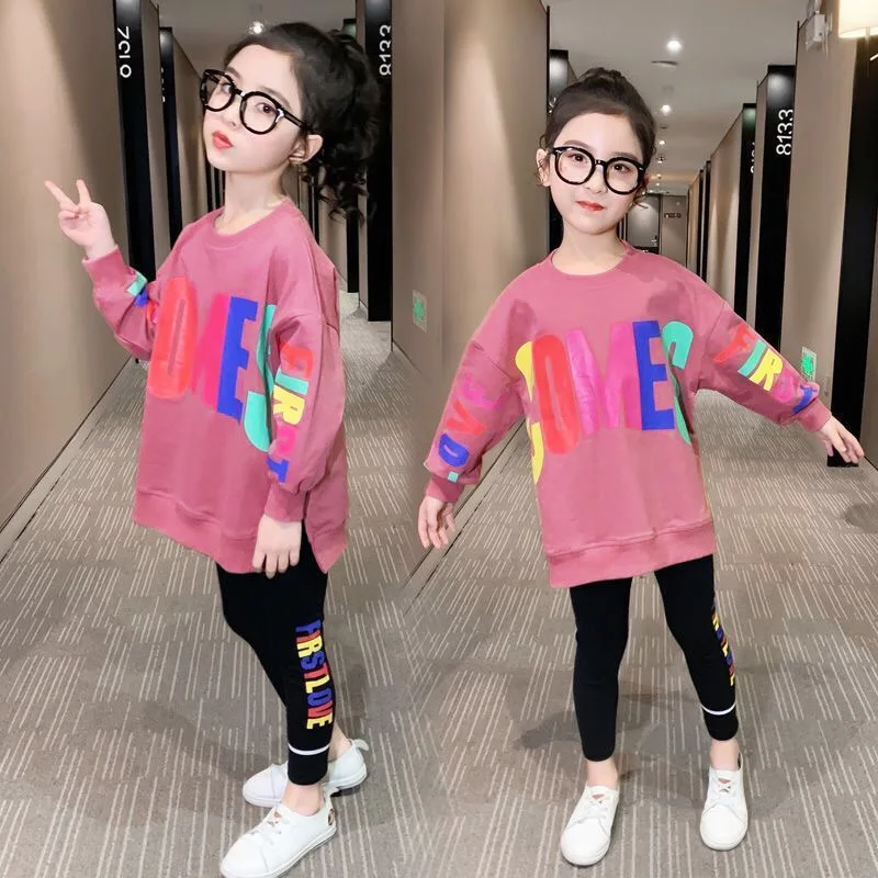2021 Spring Autumn Girls Clothes Letters T-shirt Tracksuit Loose Hoodie T Shirt + Leggings Stretch Pants 4 5 6 7 8 9 10 12 Years | Детская