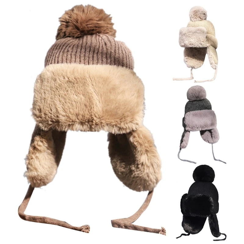 

Winter Knitted Pom Pom Russian Trapper Hat Women Thick Fluffy Plush Warm Female Outdoor Snow Ski Windproof Beanies Earflap Cap