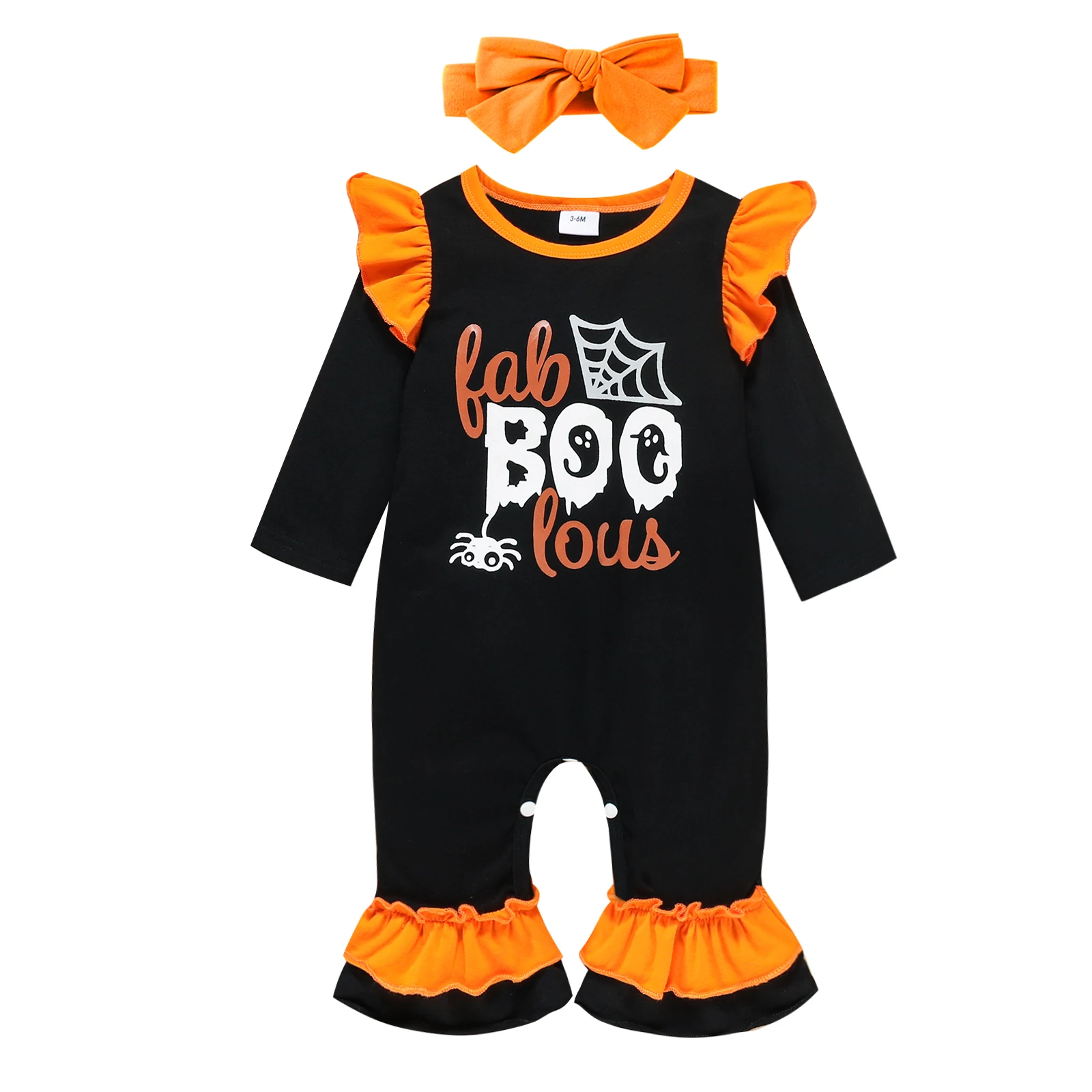 Baby Girls Two-piece Clothes Set Halloween Letters and Spider Printed Pattern Long Sleeve Romper and Headdress Black and Orange
Baby Girls Two-piece Clothes Set Halloween Letters and Spider Printed Pattern Long Sleeve Romper and Headdress Black and Orange