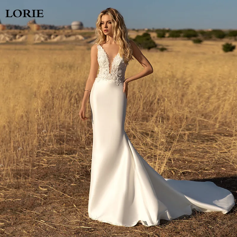 

LORIE Ivory Mermaid Wedding Dress Spaghetti Strps Vestidos de novia 2021 Lace V Neck Neck Bridal Gown Backless Wedding Gowns