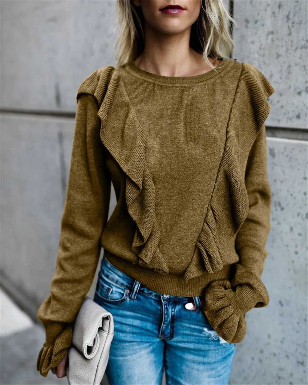Woman Tshirts Solid Color Ruffle Flare Sleeve Knitted Tops Long Sleeve Casual Women Clothes
Woman Tshirts Solid Color Ruffle Flare Sleeve Knitted Tops Long Sleeve Casual Women Clothes