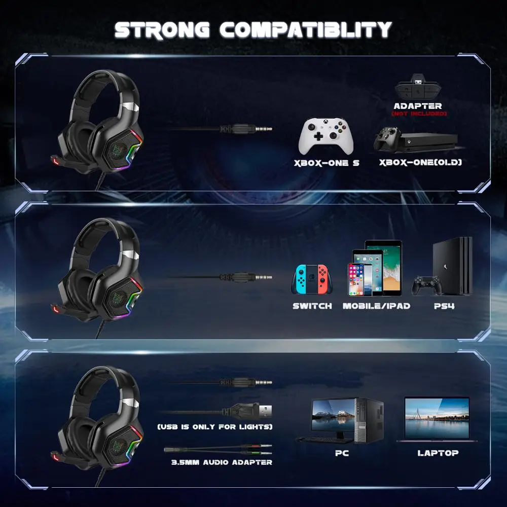2020 Game Headset RGB LED Light Over-Ear Headphones with Omnidirectional Microphone for PC Laptop PS4 Gamer Headphone Earphone
2020 Game Headset RGB LED Light Over-Ear Headphones with Omnidirectional Microphone for PC Laptop PS4 Gamer Headphone Earphone