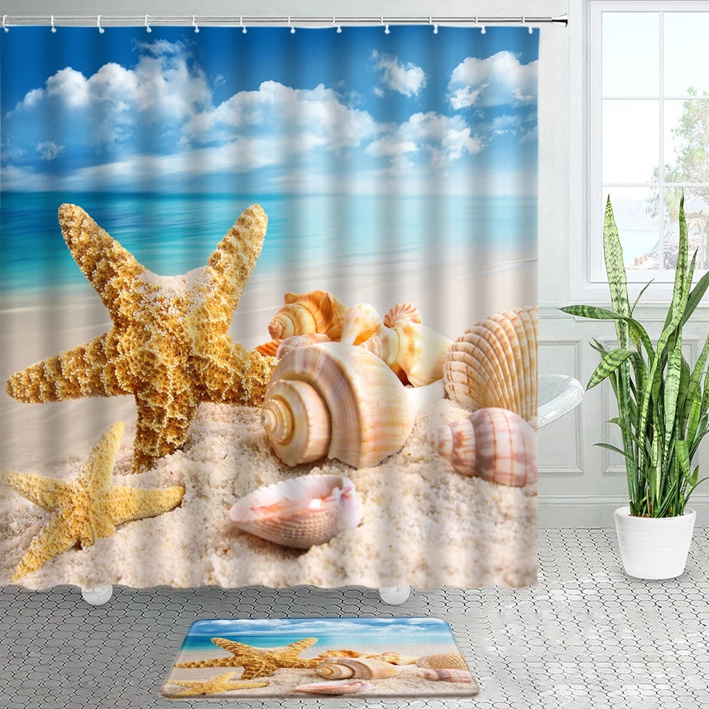 Summer Beach Conch Starfish Shower Curtains Bath Mats Set Blue Ocean Natural Scenery Door Mat Bathroom Rug Decor Non-slip Carpet
Summer Beach Conch Starfish Shower Curtains Bath Mats Set Blue Ocean Natural Scenery Door Mat Bathroom Rug Decor Non-slip Carpet