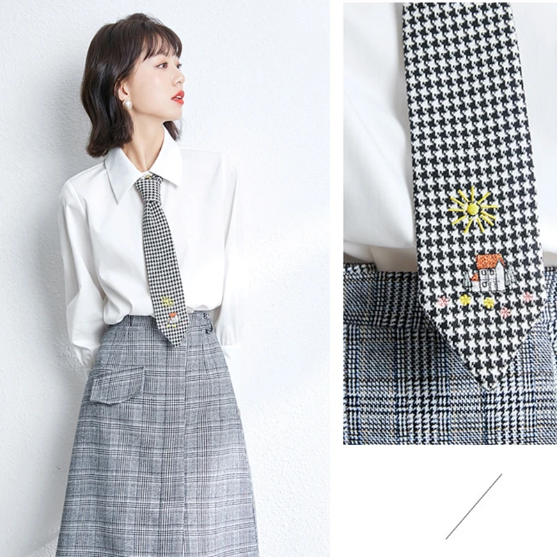 2021 spring houndstooth tie chiffon shirt women blouse summer white button embroidery shirt ladies casual work shirt female tops 
2021 spring houndstooth tie chiffon shirt women blouse summer white button embroidery shirt ladies casual work shirt female tops