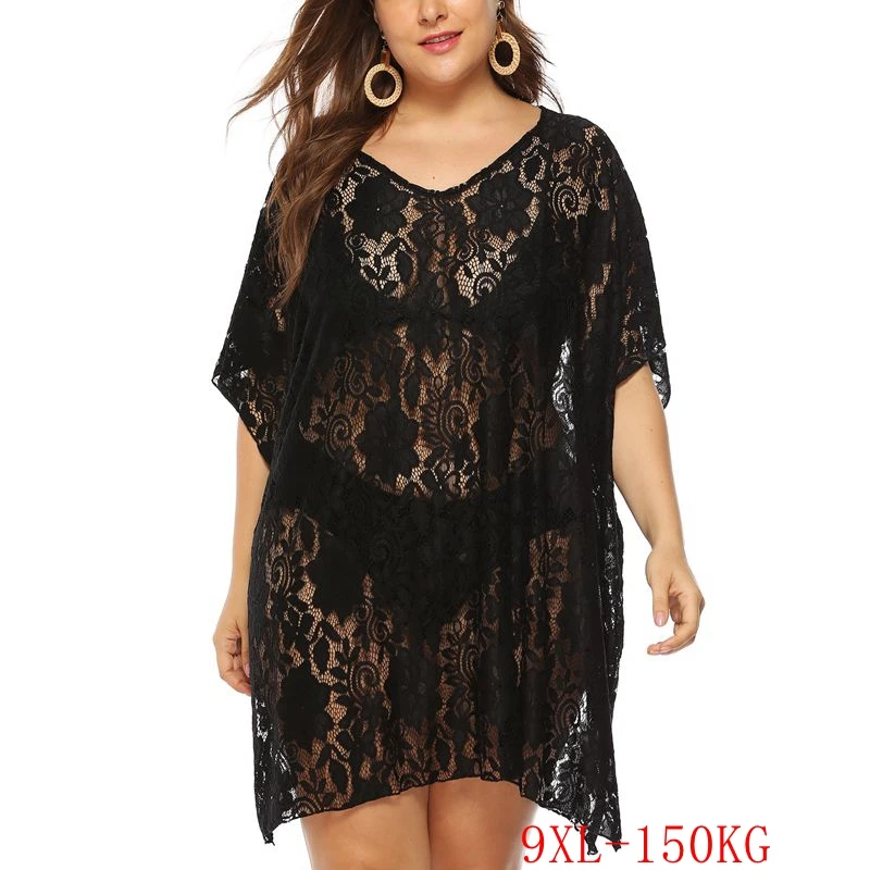 Summer new large size dress 5XL-9XL bust 190CM fashion women sexy lace hollow perspective V-neck split beach dress blouse 
Summer new large size dress 5XL-9XL bust 190CM fashion women sexy lace hollow perspective V-neck split beach dress blouse