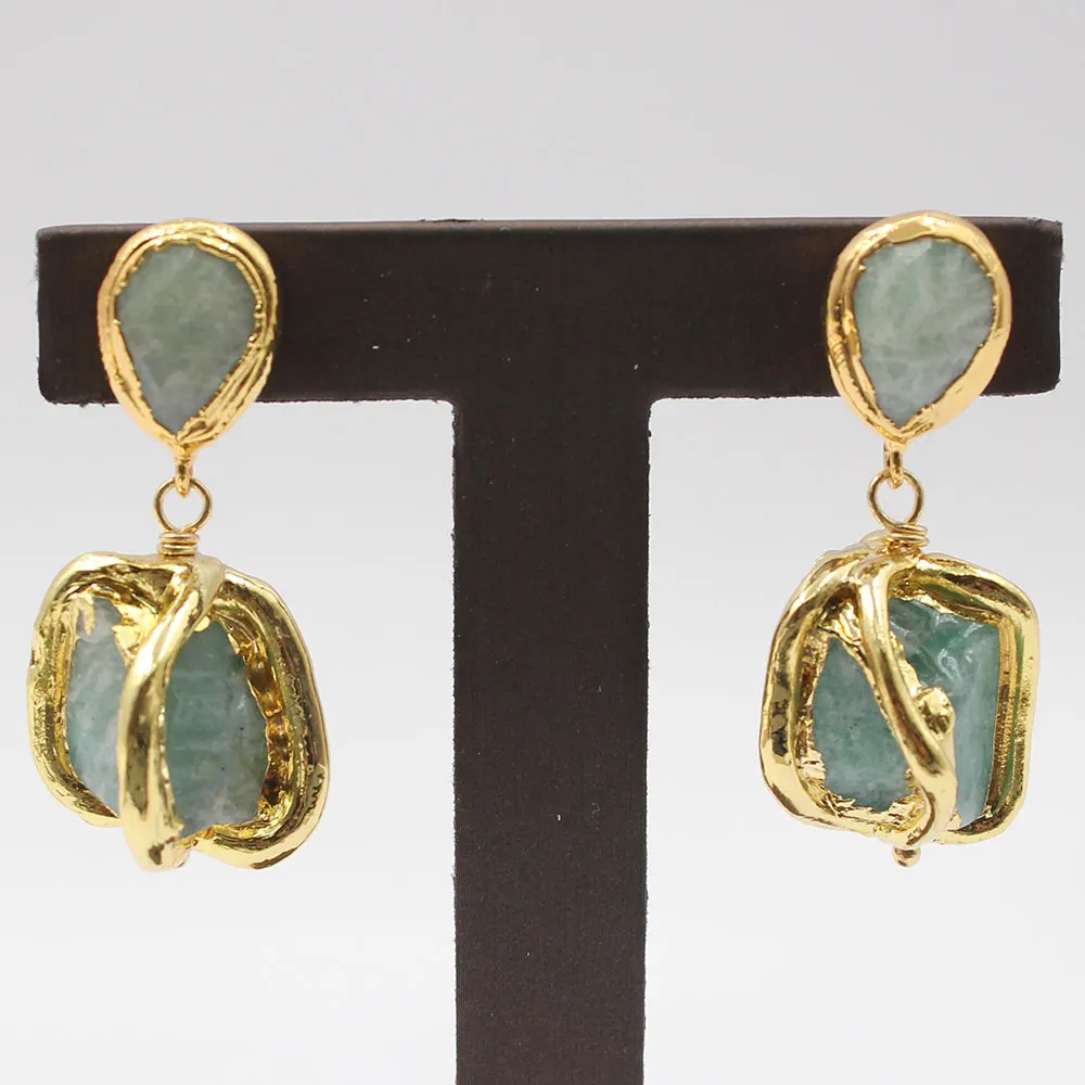 Blue Amazonites Rough Nugget Electroplated Yellow Gold Plated Edge Amazonite Stud Earrings Handmade For Lady
Blue Amazonites Rough Nugget Electroplated Yellow Gold Plated Edge Amazonite Stud Earrings Handmade For Lady
