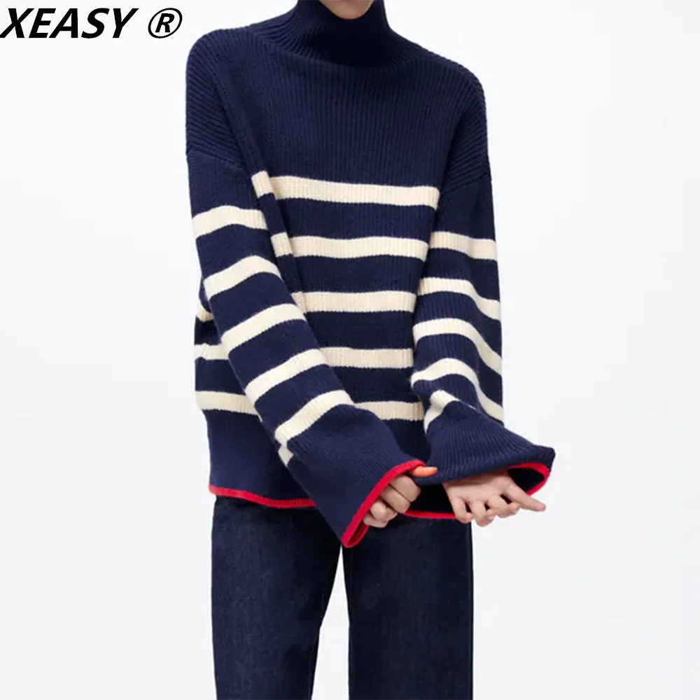 

XEASY Women Turtleneck Sweater Pullover Za Woman 2021 Vintage Striped Sweater Oversize Women Jumper Casual Long Sleeve Top