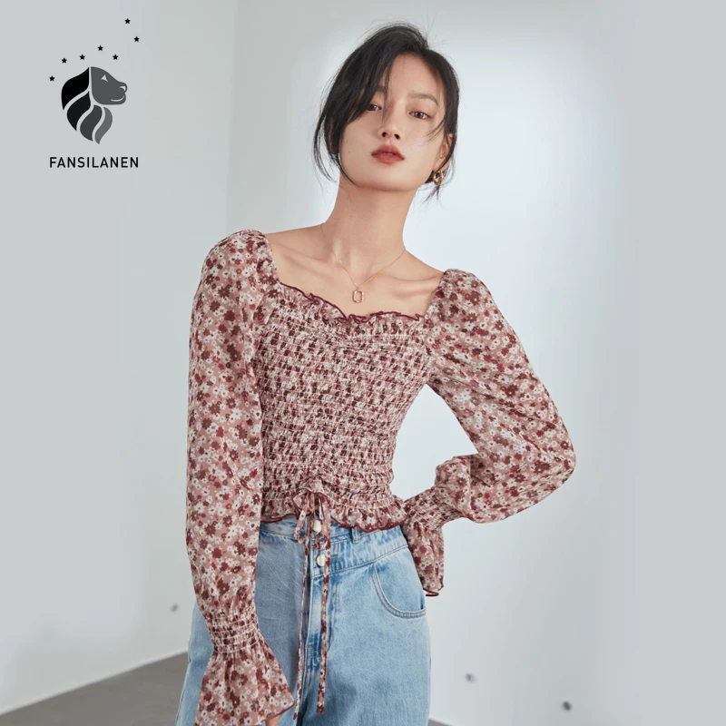 FANSILANEN Sexy floral print chiffon blouse shirt Women flare sleeve ruffle spring blouse Female shirring elegant boho top 2021 
FANSILANEN Sexy floral print chiffon blouse shirt Women flare sleeve ruffle spring blouse Female shirring elegant boho top 2021