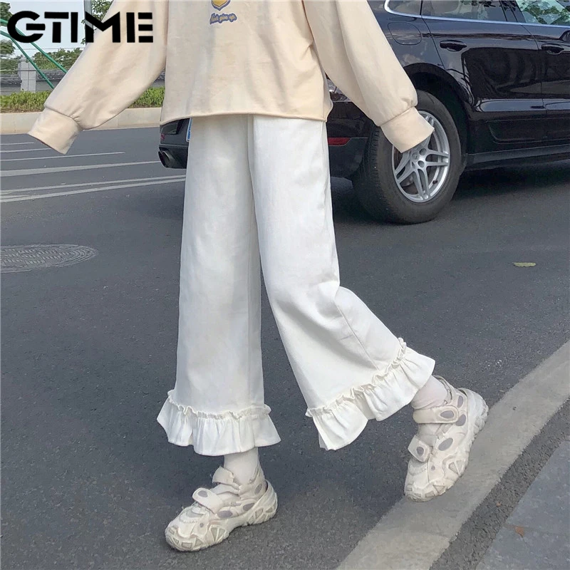 Мягкие женские брюки с оборками для девушек, базовые свободные брюки с эластичным поясом, повседневные однотонные Студенческие Брюки # Уайлд высокая талия 
Мягкие женские брюки с оборками для девушек, базовые свободные брюки с эластичным поясом, повседневные однотонные Студенческие Брюки # Уайлд высокая талия