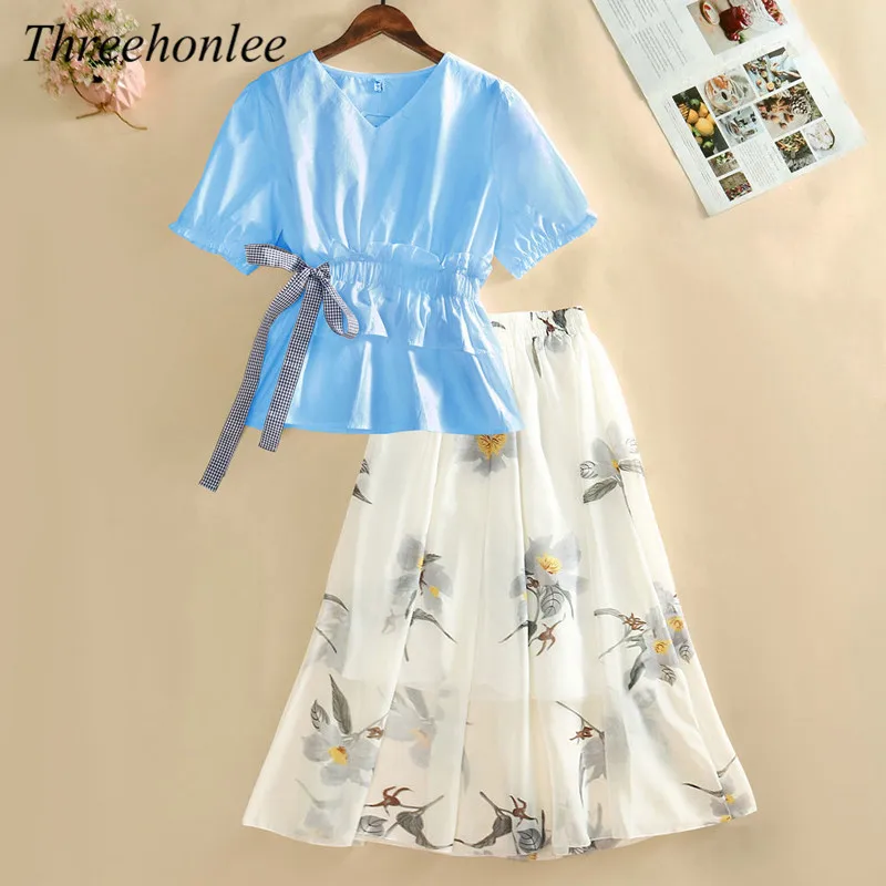 Women's Skirt 2 Piece Sets 2021 Summer High Waist A-Line Floral Skirts And Solid Top T-shirt Belt Korean Fashion Casual Suits
Women's Skirt 2 Piece Sets 2021 Summer High Waist A-Line Floral Skirts And Solid Top T-shirt Belt Korean Fashion Casual Suits