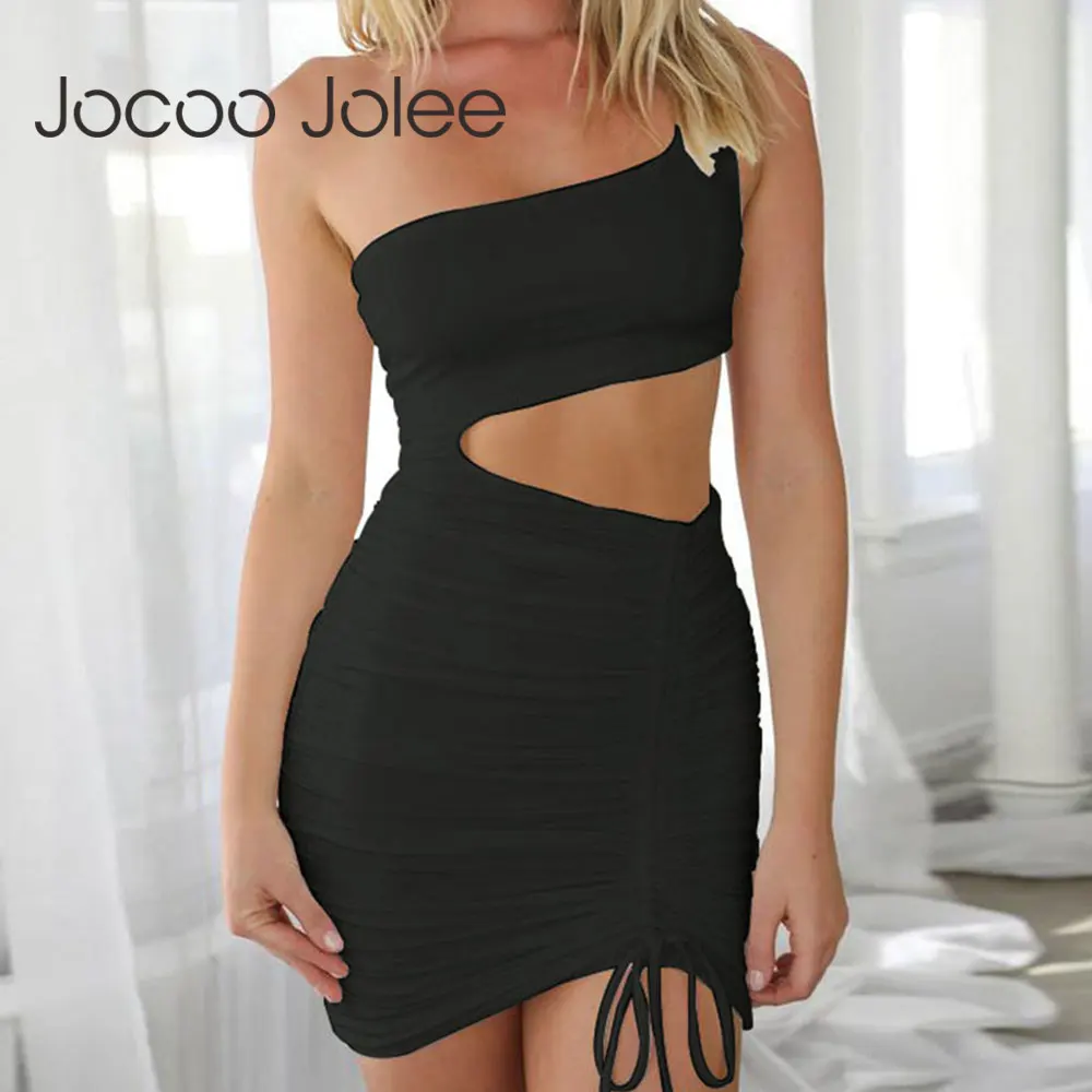 Women Sexy Sleeveless One Shoulder Hollow Out Bodycon Mini Dress Elegant Solid Drawstring Pleated Wrap Dress Party Club Dress 
Women Sexy Sleeveless One Shoulder Hollow Out Bodycon Mini Dress Elegant Solid Drawstring Pleated Wrap Dress Party Club Dress
