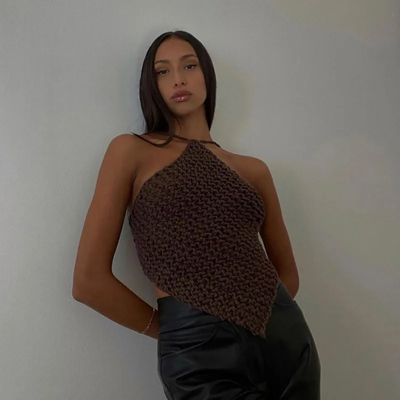 2021 Summer Knitted Halter Skinny Sexy Tank Top Lace Up Backless Sleeveless Party Camisole Streetwear Stretchy Ops 
2021 Summer Knitted Halter Skinny Sexy Tank Top Lace Up Backless Sleeveless Party Camisole Streetwear Stretchy Ops