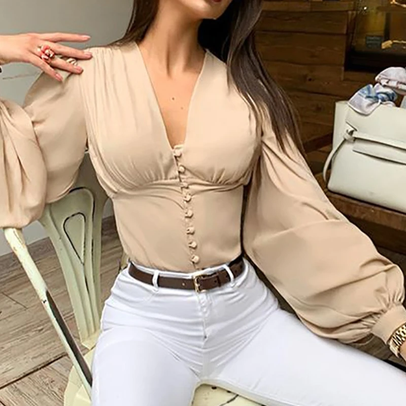 Women Vintage Puff Long Sleeve Shirt Sexy Deep V-Neck Button Down Ruched Chest Solid Color Slim Fit 
Women Vintage Puff Long Sleeve Shirt Sexy Deep V-Neck Button Down Ruched Chest Solid Color Slim Fit