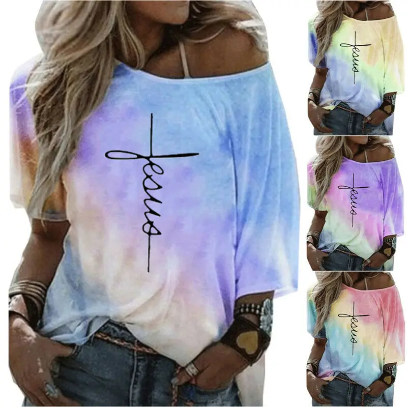 Женская футболка с открытыми плечами и коротким рукавом, топы, летняя Базовая Блузка с принтом тай-дай 
Женская футболка с открытыми плечами и коротким рукавом, топы, летняя Базовая Блузка с принтом тай-дай