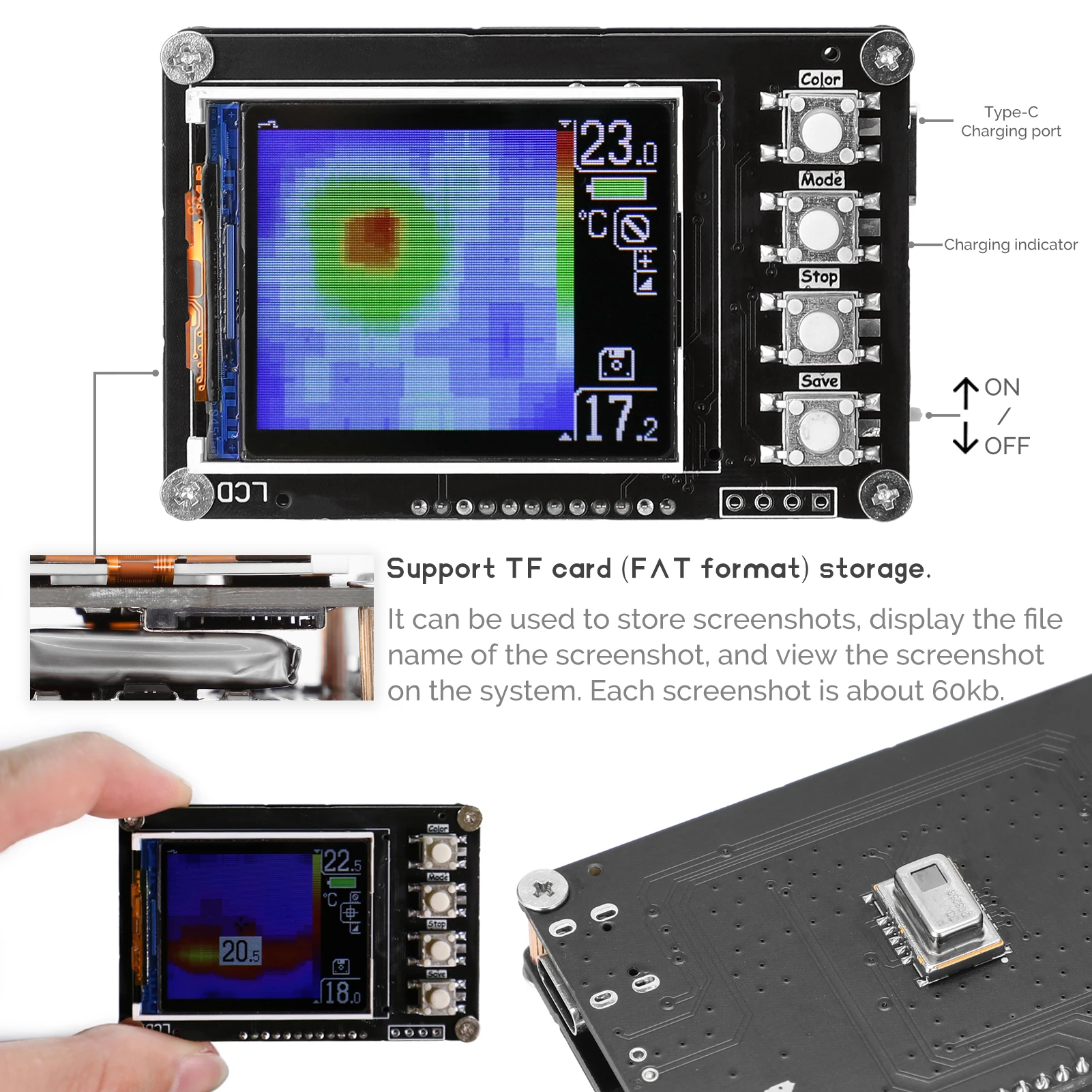 Infrared Thermal Imager AMG8833 Thermal Imaging Camera Temperature Sensors 1.6 Inch TFT Display Screen 10Hz Data Refresh Rate
Infrared Thermal Imager AMG8833 Thermal Imaging Camera Temperature Sensors 1.6 Inch TFT Display Screen 10Hz Data Refresh Rate