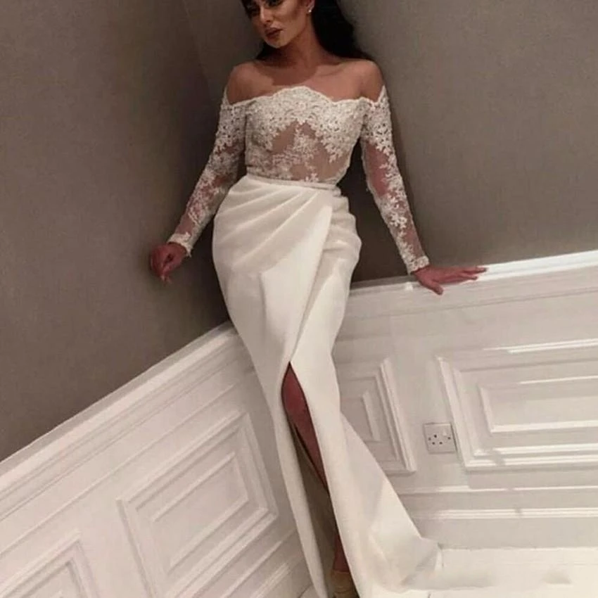 

Saudi Arabic Lace Evening Dresses Off The Shoulder Long Sleeve See Through Prom Gowns Appliqued Dubai Kaftan Dress Split Party