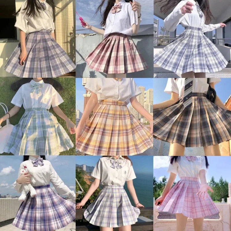 

Школьная униформа для девочек, плиссированные юбки, японская школьная форма, с высокой талией, трапециевидная клетчатая юбка, сексуальная у...