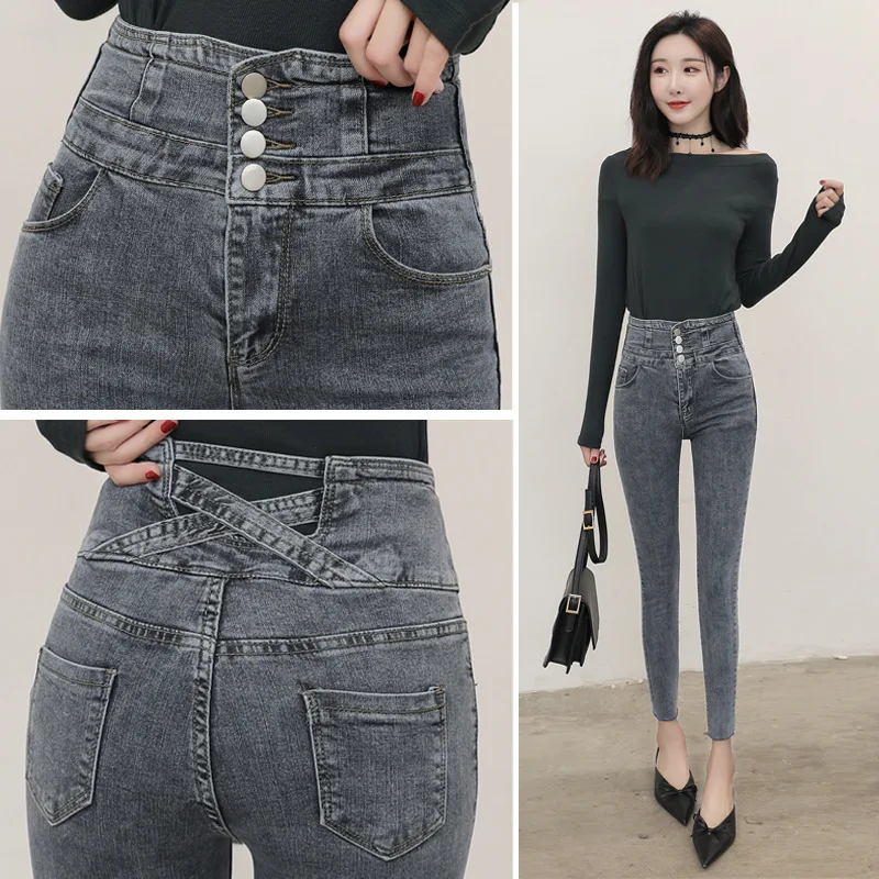

Новые Женские Простые однотонные облегающие джинсы с высокой талией, осенние модные облегающие эластичные женские брюки-карандаш из деним...