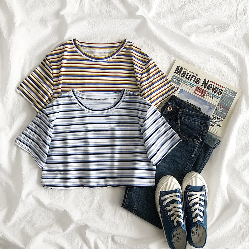 Женская футболка в полоску, свободная укороченная футболка с коротким рукавом и высокой талией в Корейском стиле, выбор интернет-знаменито... 
Женская футболка в полоску, свободная укороченная футболка с коротким рукавом и высокой талией в Корейском стиле, выбор интернет-знаменито...