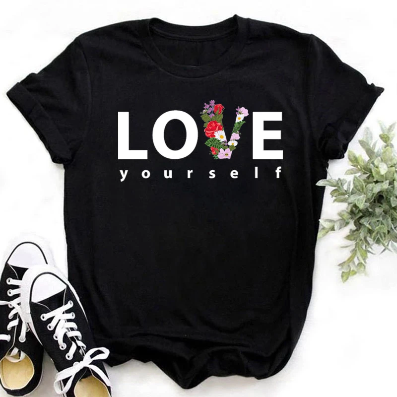 ZOGANKIN Love Yourself Flower Printed T Shirt Women Fashion Black T Shirt Causal Tops Harajuku Cute Graphic Ladies Tee Tops
ZOGANKIN Love Yourself Flower Printed T Shirt Women Fashion Black T Shirt Causal Tops Harajuku Cute Graphic Ladies Tee Tops