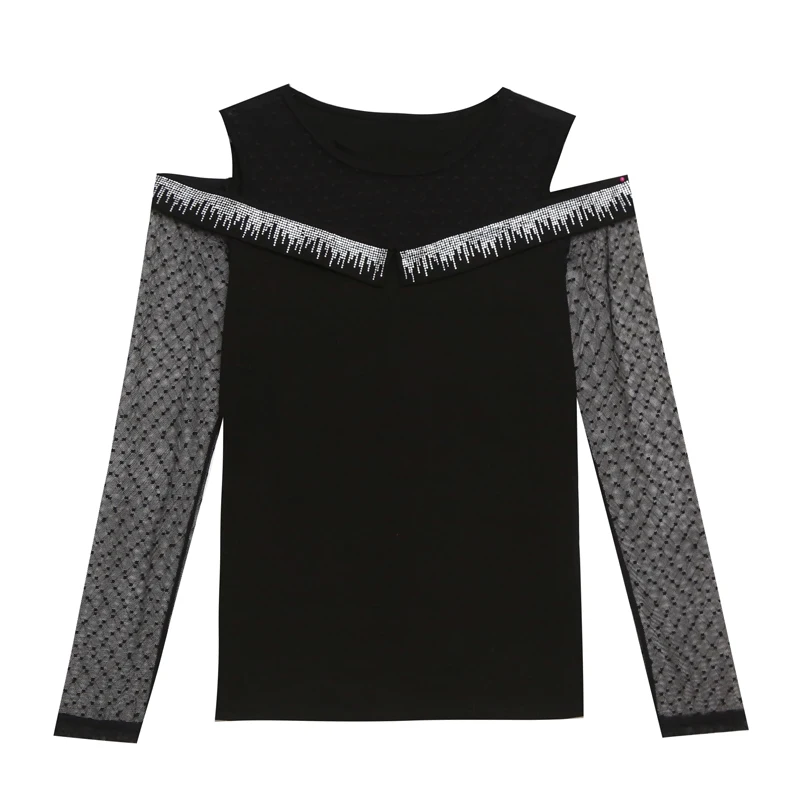 Spring Sexy off the shoulder T shirt Patchwork Mesh Cotton Tops Fashion Hot drilling Women Long sleeve shirt
Spring Sexy off the shoulder T shirt Patchwork Mesh Cotton Tops Fashion Hot drilling Women Long sleeve shirt