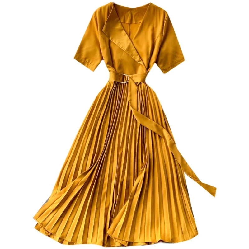 Women Korean Pleated Dress Elegant Noched Short Sleeve Lace up Office Dresses Summer A-line Fashion Streetwear Dress
Women Korean Pleated Dress Elegant Noched Short Sleeve Lace up Office Dresses Summer A-line Fashion Streetwear Dress
