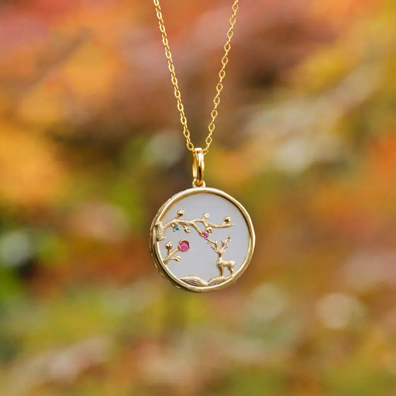 Ancient gold craftsmanship inlaid sika deer natural Hetian jade double-sided wear necklace pendant Chinese style ladies jewelry
Ancient gold craftsmanship inlaid sika deer natural Hetian jade double-sided wear necklace pendant Chinese style ladies jewelry