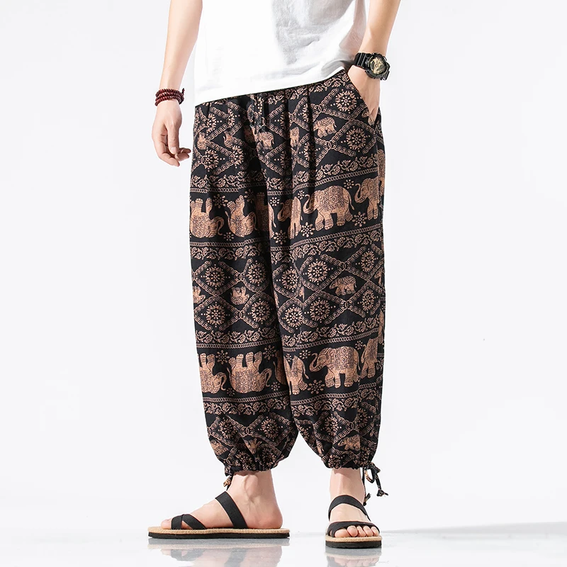2020 new men's national style beam feet harem pants nine points pants cotton and linen boys loose large size wide leg bloomers