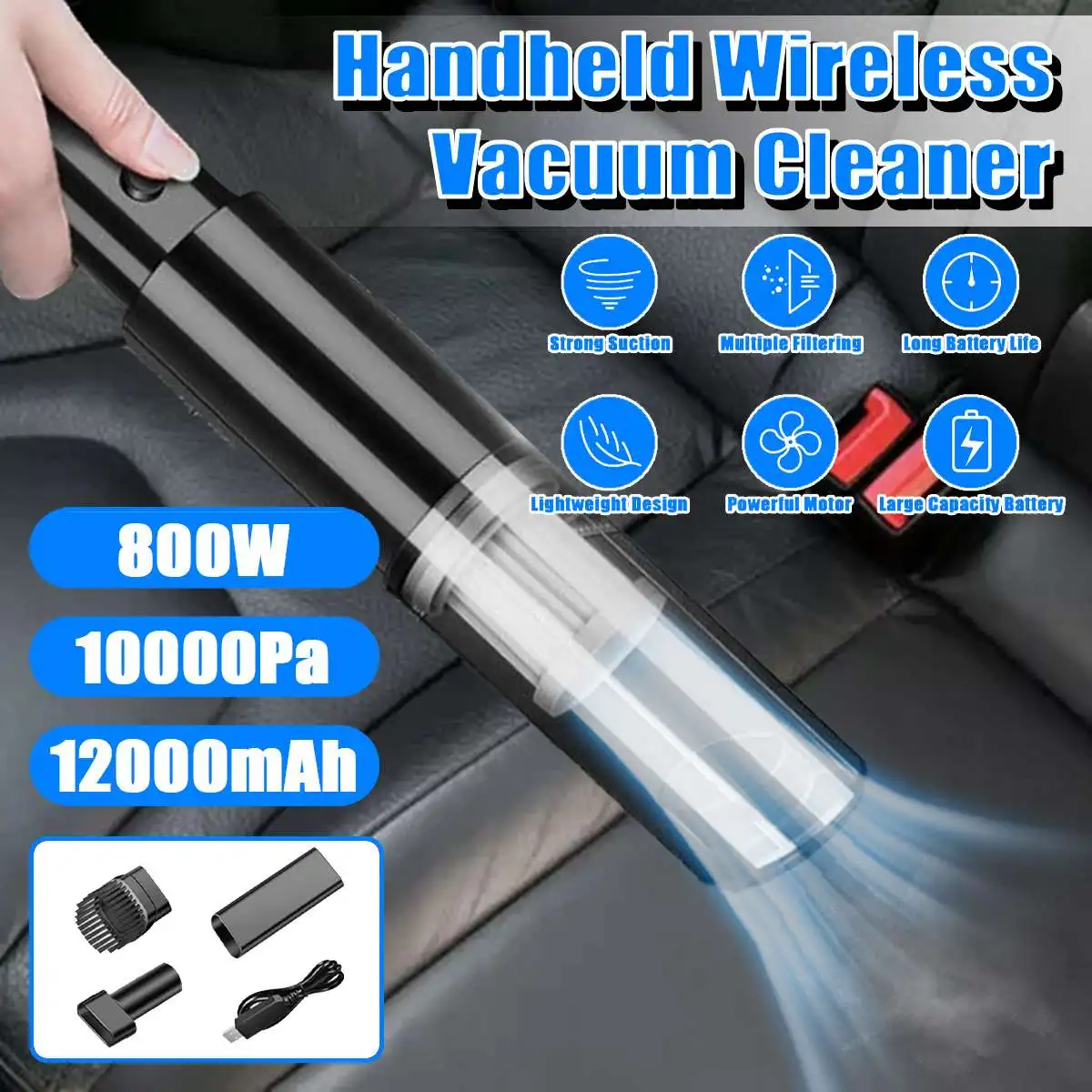 10000Pa 12000mAh Handheld Wireless Car Vacuum Cleaner Powerful Cyclone Suction Rechargeable Wet Dry Home Car Vacuum Cleaner
10000Pa 12000mAh Handheld Wireless Car Vacuum Cleaner Powerful Cyclone Suction Rechargeable Wet Dry Home Car Vacuum Cleaner