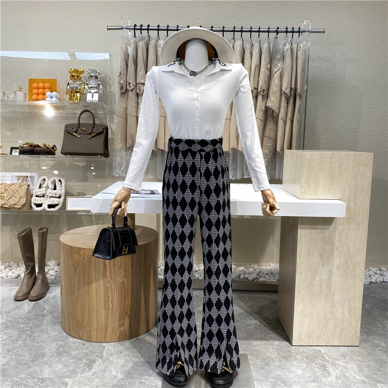 

Niche Design Personality Geometrical Ringgingham Drag Straight Trousers 2021 New Retro High Waisted Loose Forked Casual Pants