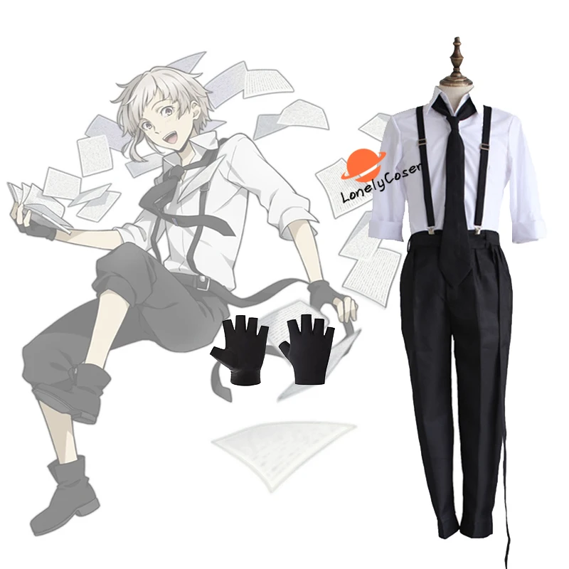 Disfraz de Anime de perros callejeros Bungou Nakajima Atsushi, Cosplay, peluca corta, camisa con corbata, pantalones, guantes, 
Disfraz de Anime de perros callejeros Bungou Nakajima Atsushi, Cosplay, peluca corta, camisa con corbata, pantalones, guantes,