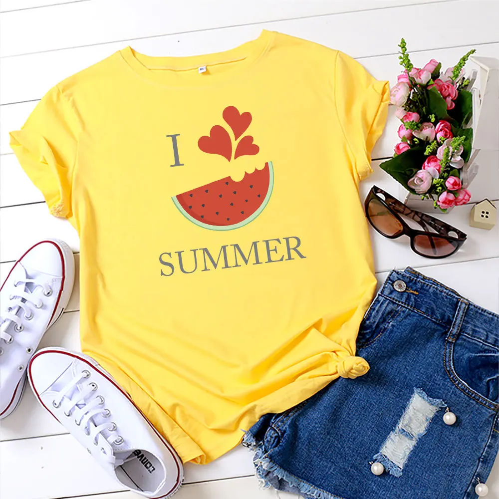 Watermelon Print T Shirts I Love Summer Graphic Tees Fashion Cotton Tshirt Plus Size S-5XL Tops for Women Casual Streetwear
Watermelon Print T Shirts I Love Summer Graphic Tees Fashion Cotton Tshirt Plus Size S-5XL Tops for Women Casual Streetwear
