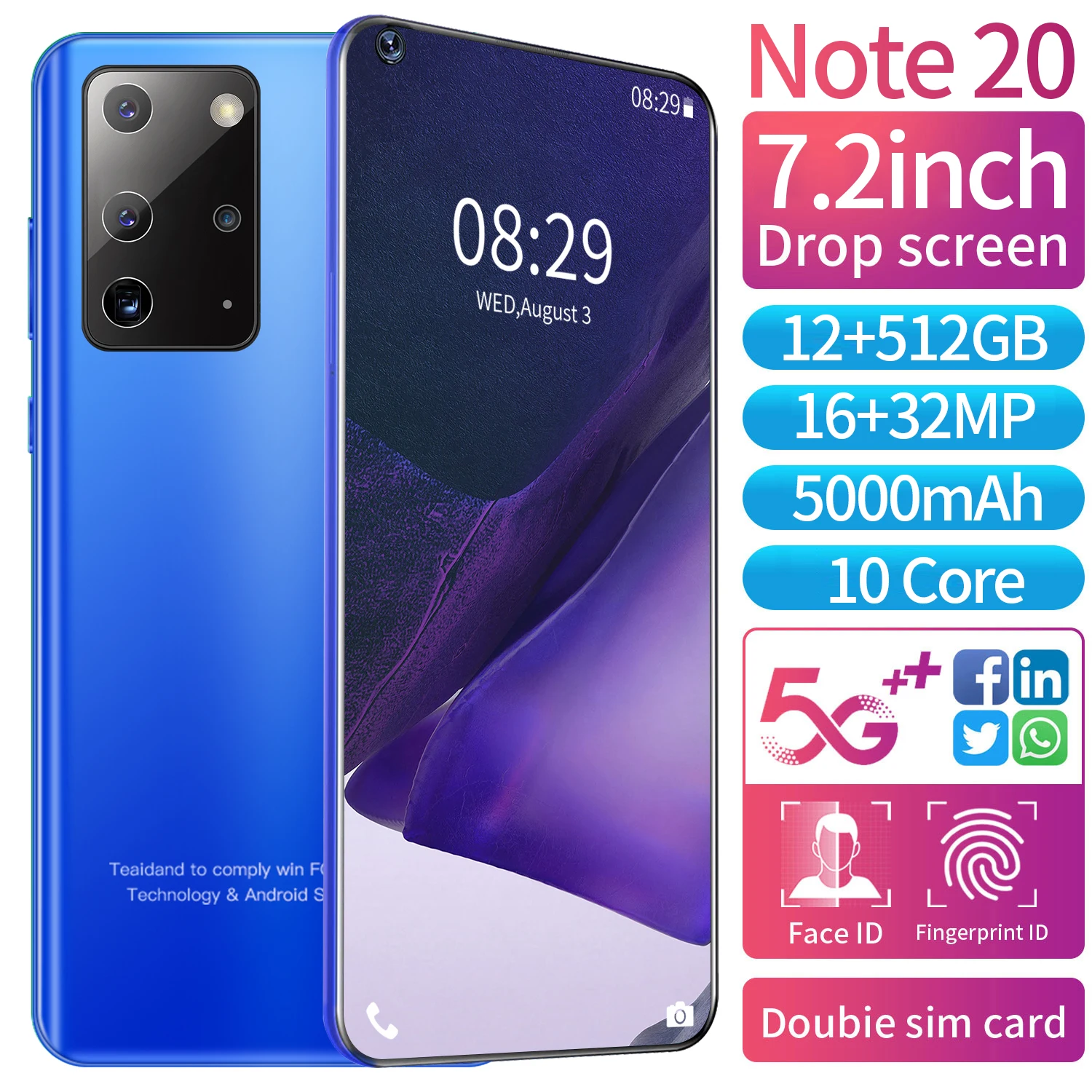New Note 20 Smartphone Sansumg Galay Android10.0 Deca Core 12+512GB Snapdragon888 Cellphone Dual SIM Fingerprint ID Mobile Phone
New Note 20 Smartphone Sansumg Galay Android10.0 Deca Core 12+512GB Snapdragon888 Cellphone Dual SIM Fingerprint ID Mobile Phone