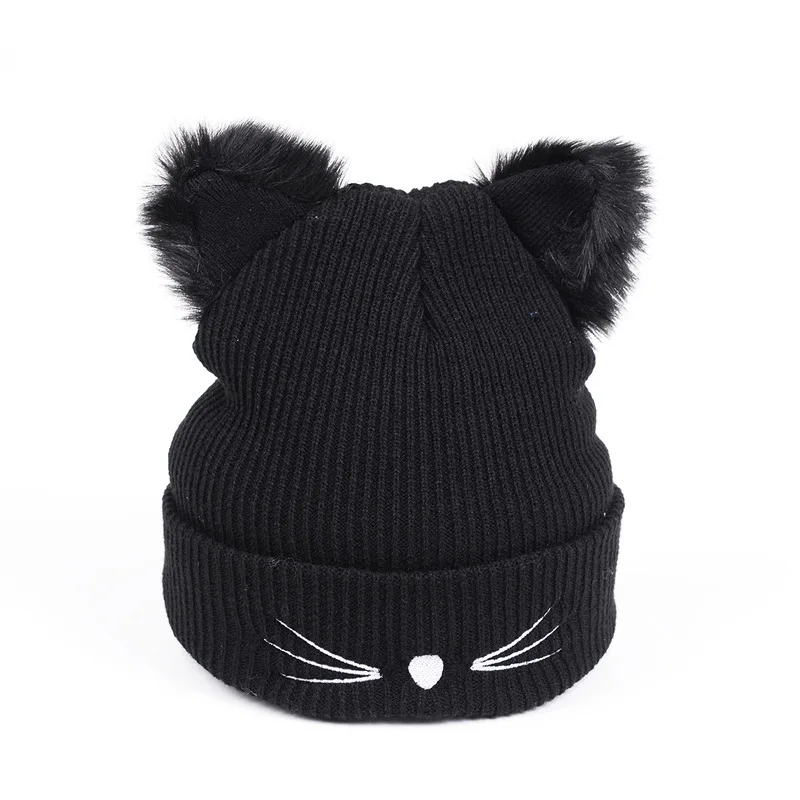 Black Rib Knit Cat Ear Hats for Women Winter Beanies High Fashion Daily Wear | Аксессуары для одежды