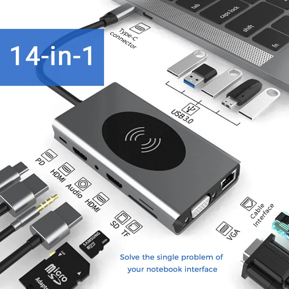 14 In 1 Type C USB Hub Docking Station With HDMI-compatible Wireless Charge SD Card Reader USB-C Type-C Plitter Hub For Laptop
14 In 1 Type C USB Hub Docking Station With HDMI-compatible Wireless Charge SD Card Reader USB-C Type-C Plitter Hub For Laptop