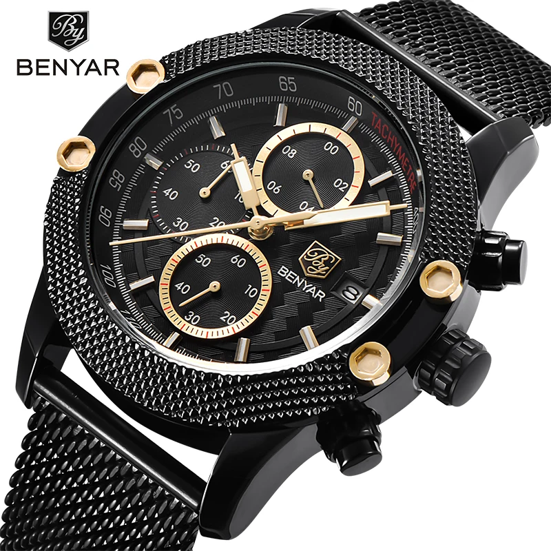 BENYAR Sport Chronograph Smart Watch Men Mesh & Rubber Band Waterproof Luxury Brand Quartz Watches Gold Saat dropshipping clock
BENYAR Sport Chronograph Smart Watch Men Mesh & Rubber Band Waterproof Luxury Brand Quartz Watches Gold Saat dropshipping clock