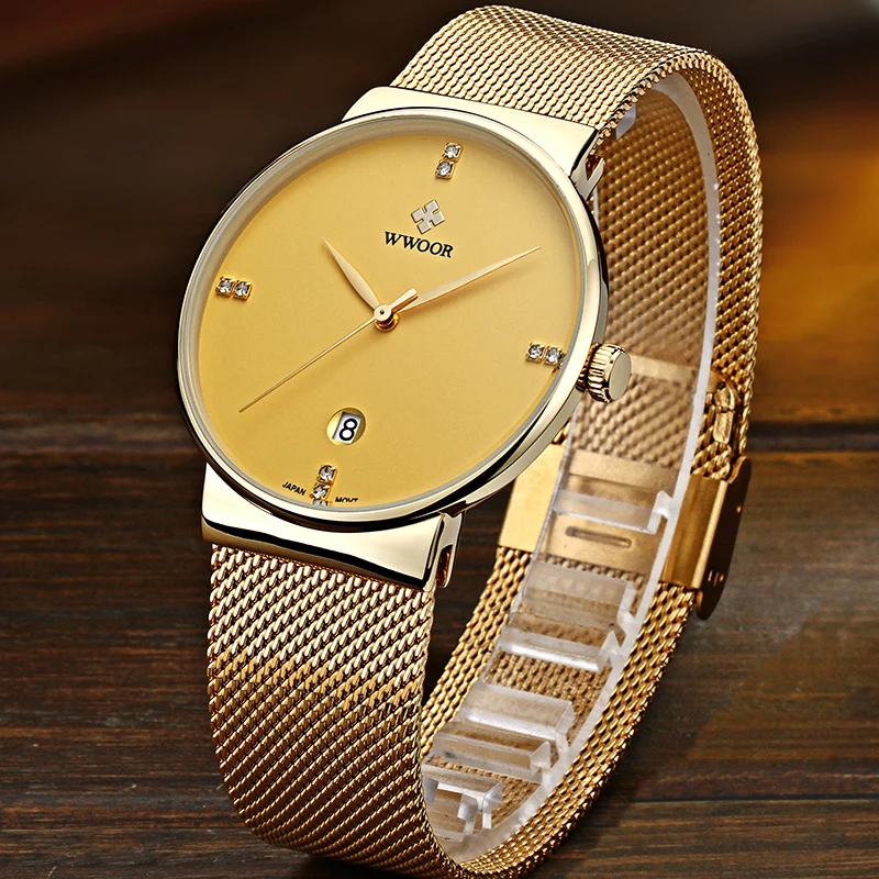 WWOOR новые роскошные спортивные золотые часы мужские простые ультратонкие