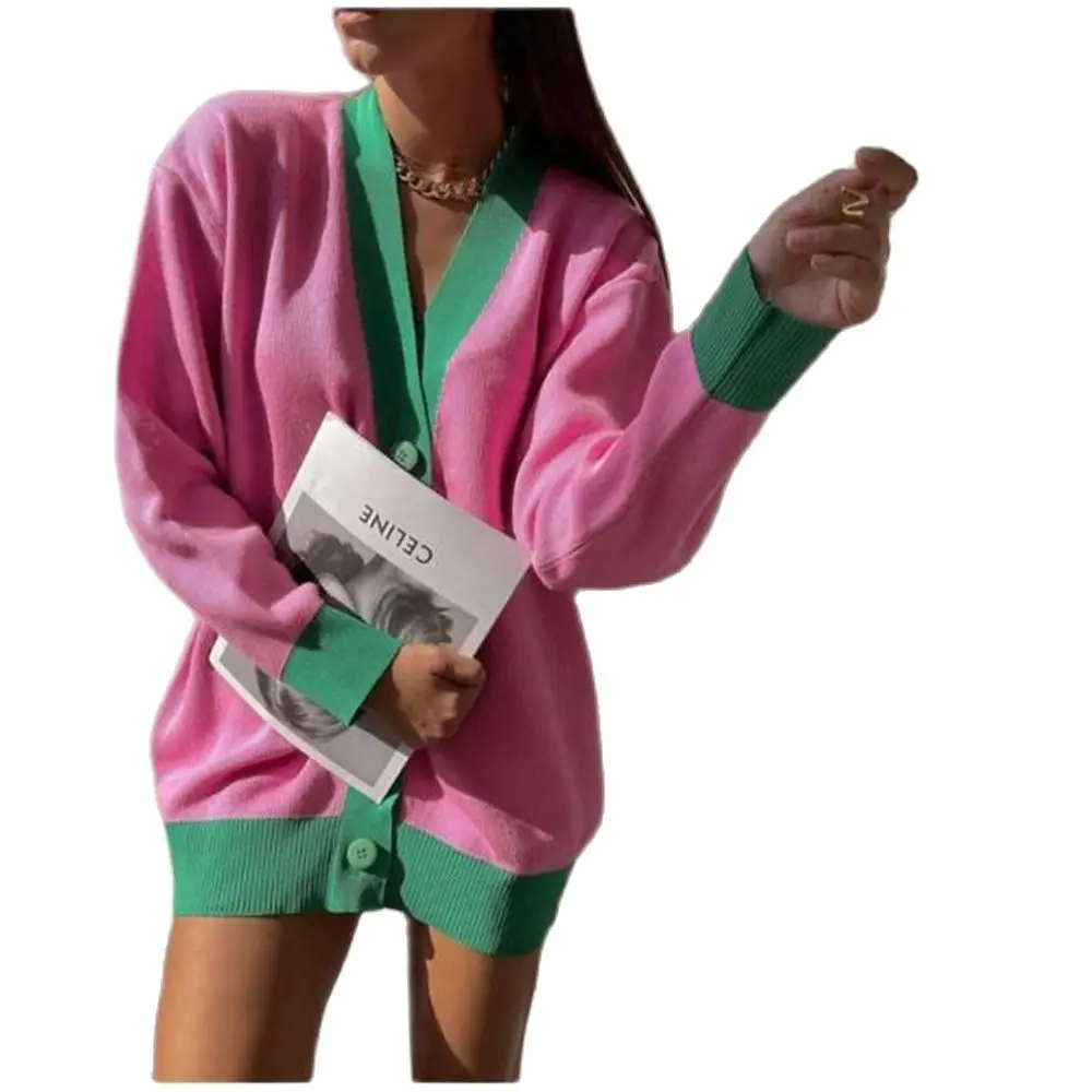 FAKUNTN Languid Lazy Style Autumn Elegant Women V-Neck Splicing Single-Breasted Long Sleeve Loose Kniting Cardigan Sweater
FAKUNTN Languid Lazy Style Autumn Elegant Women V-Neck Splicing Single-Breasted Long Sleeve Loose Kniting Cardigan Sweater