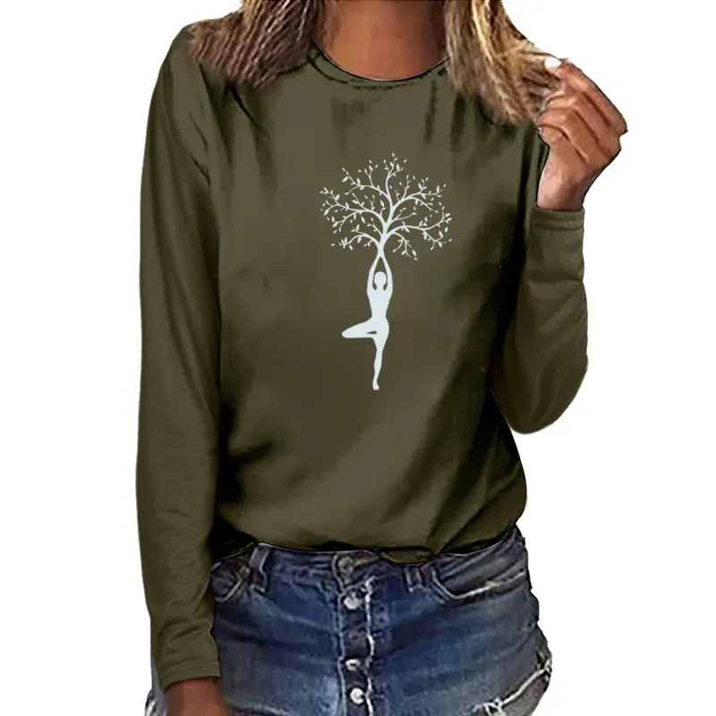 Футболка женская с длинным рукавом хлопковая рубашка принтом дерева эстетичный