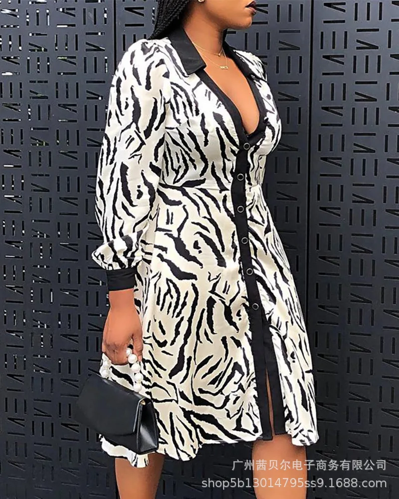 2021 Autumn Fashion Zebra Print Lapel Long Sleeve Women Dresses Casual High Waist Single Breasted Shirt Dress
2021 Autumn Fashion Zebra Print Lapel Long Sleeve Women Dresses Casual High Waist Single Breasted Shirt Dress